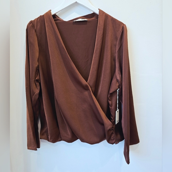 DEX Elegant Brown Wrap Top Long Sleeve Ruched Size XL X - Picture 9 of 9